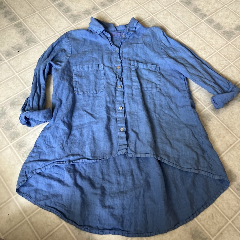 CUT LOOSE BLUE Hi-LO LINEN Boho Tunic Button Down Blouse Lagenlook Medium